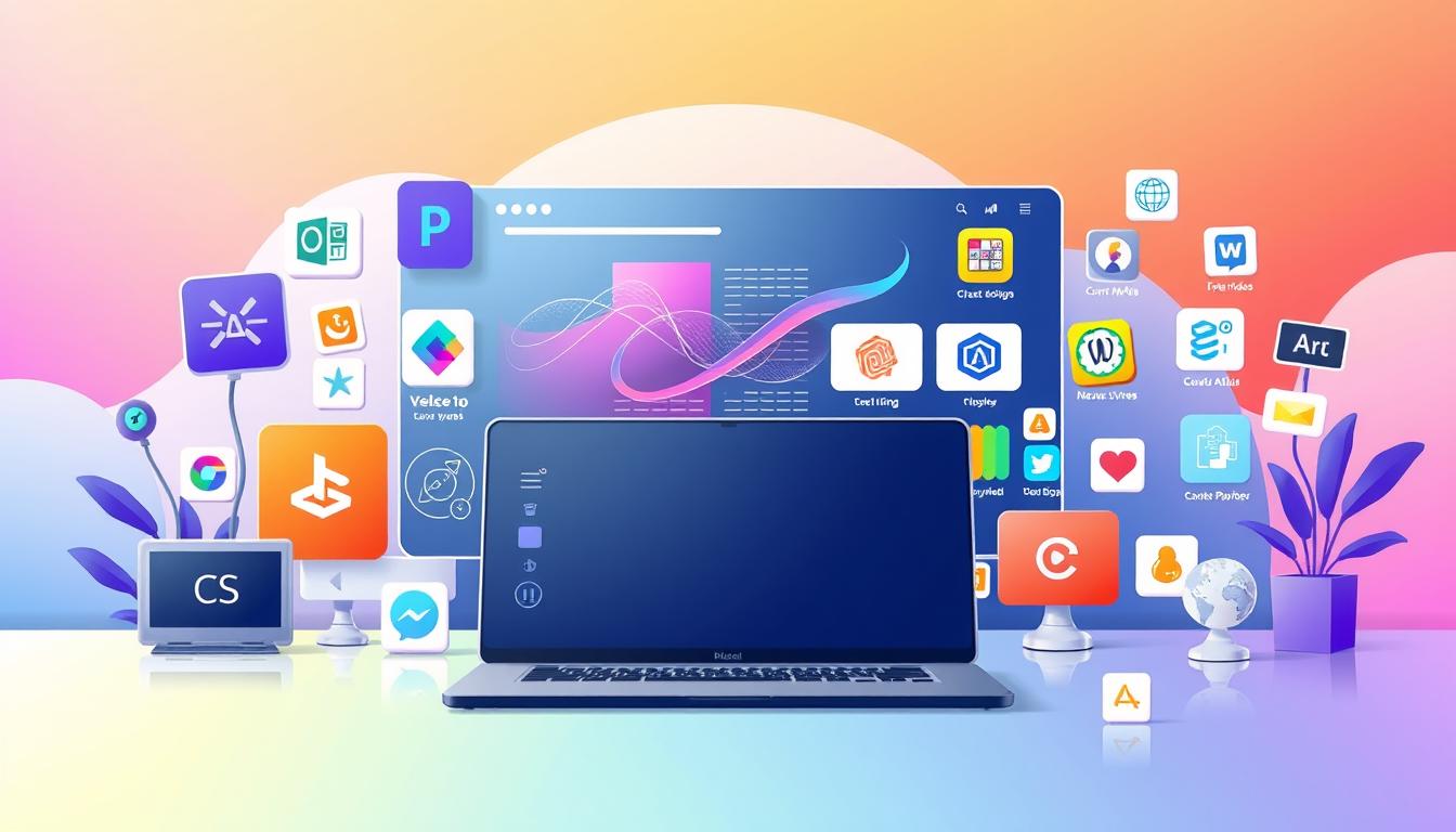 Uma mesa de trabalho organizada com um laptop exibindo ícones de várias ferramentas digitais para criadores de conteúdo.