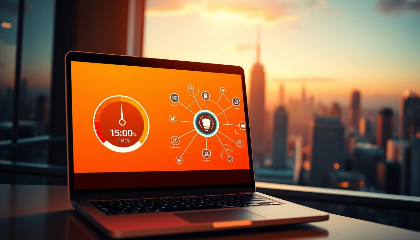 Um velocímetro com o ponteiro no máximo, sobreposto ao logo do Google, simbolizando a importância da velocidade do site.